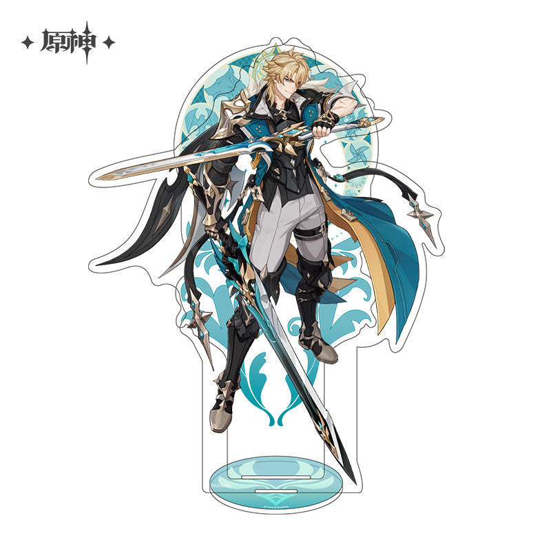 Genshin Impact Mondstadt City Varka acrylic character stand with teal decorative backdrop and base