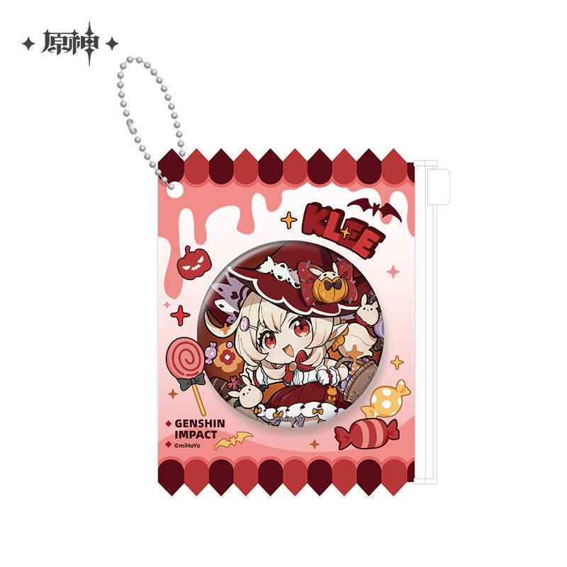 Genshin Impact Klee chibi badge with red candy-themed protective sleeve and ball chain