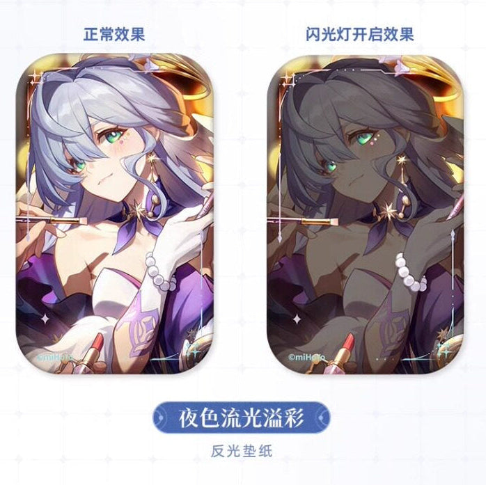 Robin badge reflective finish shown under normal light and camera flash; other designs shown for reference