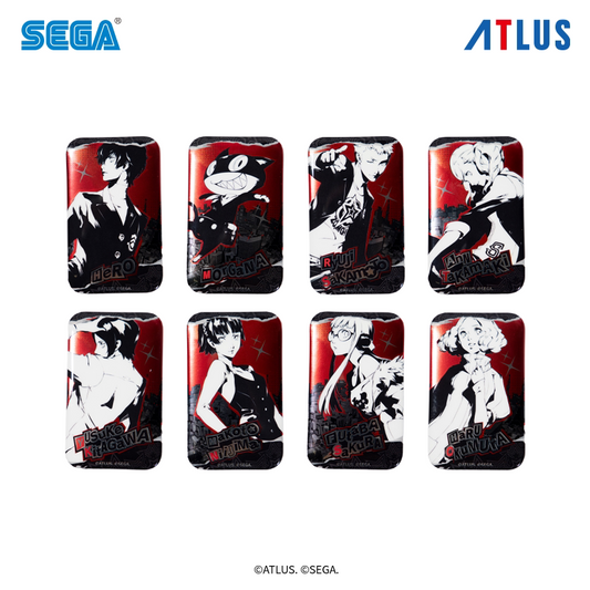 Eight Persona 5 Type A badge designs in red, black and white