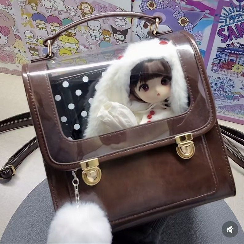 Vintage-Style BJD Doll Carrier Backpack with Display Window