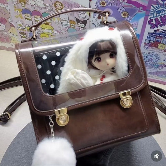 Vintage-Style BJD Doll Carrier Backpack with Display Window