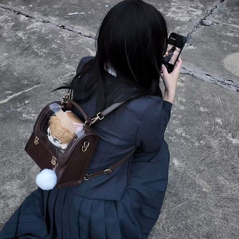 Vintage-Style BJD Doll Carrier Backpack with Display Window