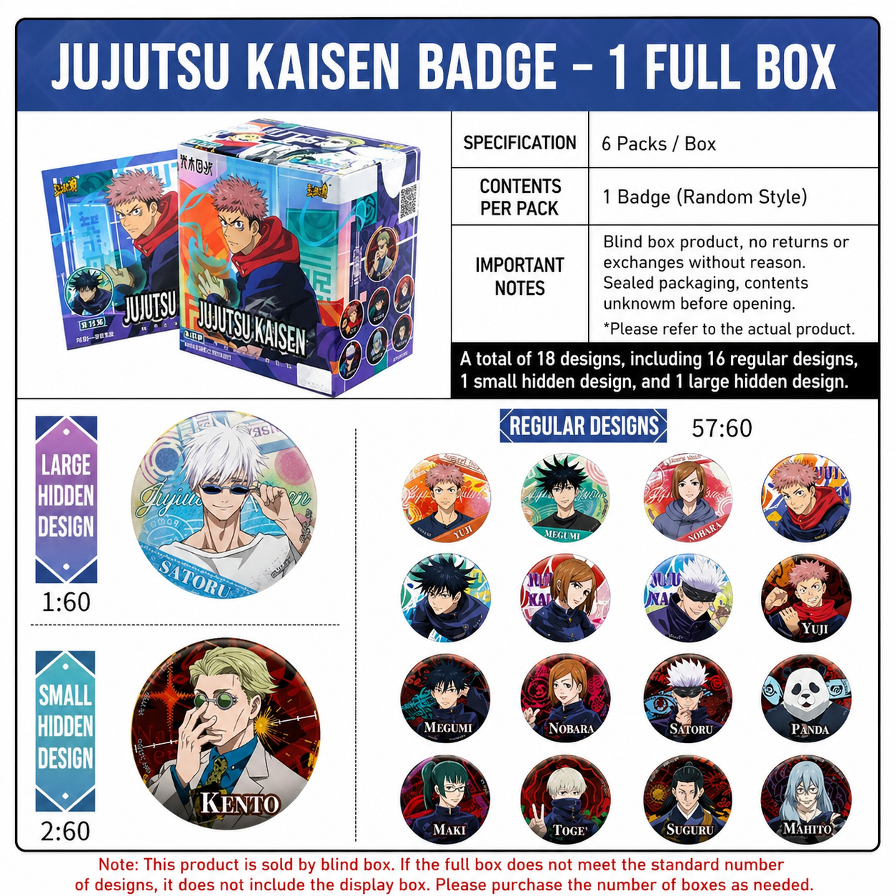 Jujutsu Kaisen Button Pin Blind Box Anime Badge Yuji Gojo Megumi Nobara