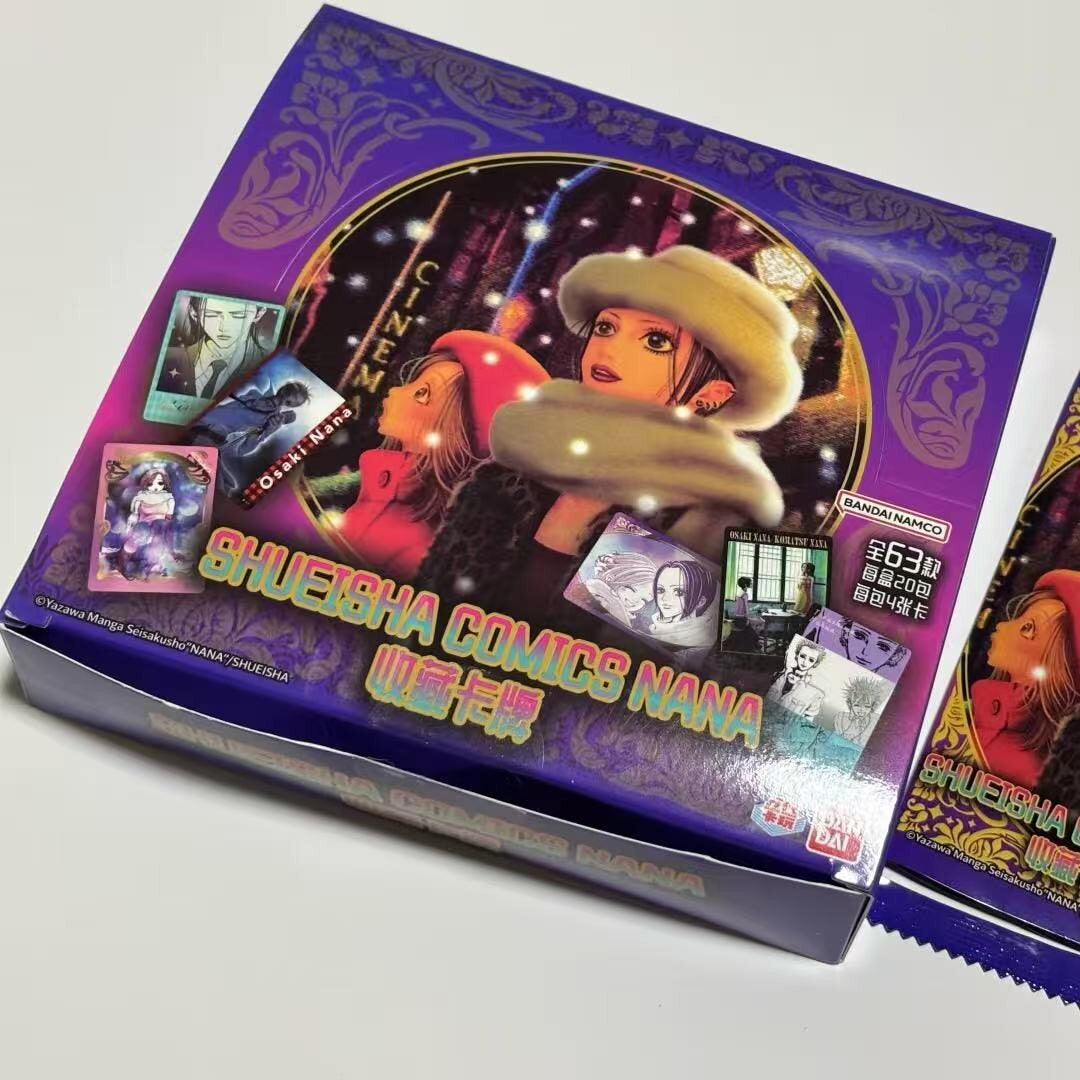 Bandai NANA collectible trading cards display box with purple packaging