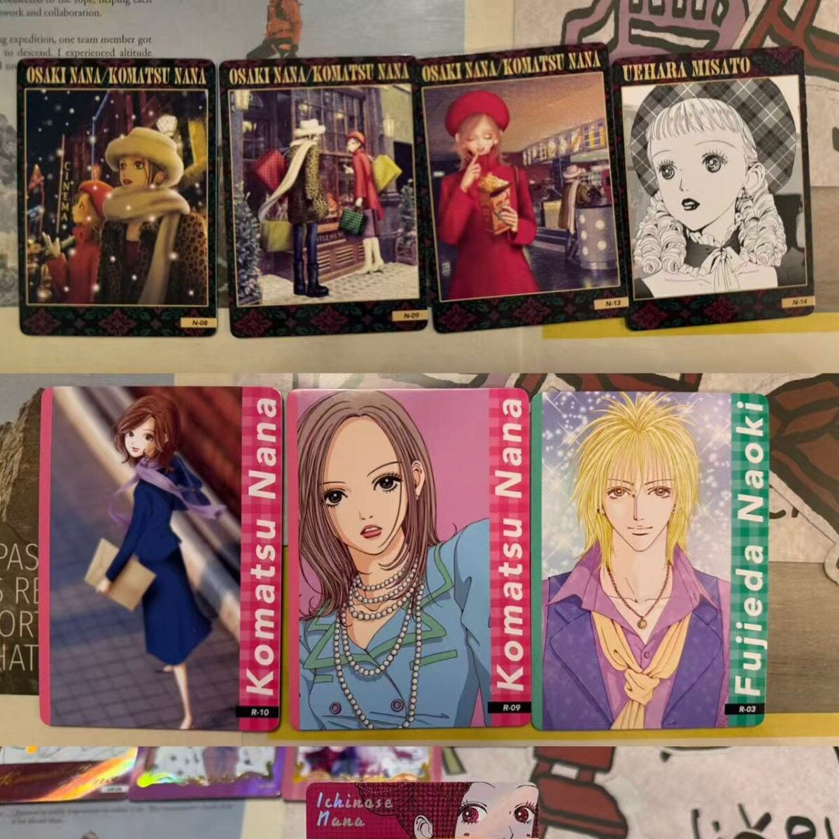 NANA collectible card artwork featuring manga scenes and character portraits