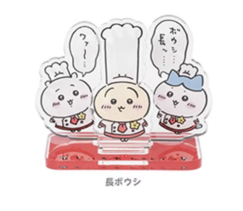 Chiikawa Restaurant acrylic stand with Usagi in a tall chef hat, Chiikawa and Hachiware