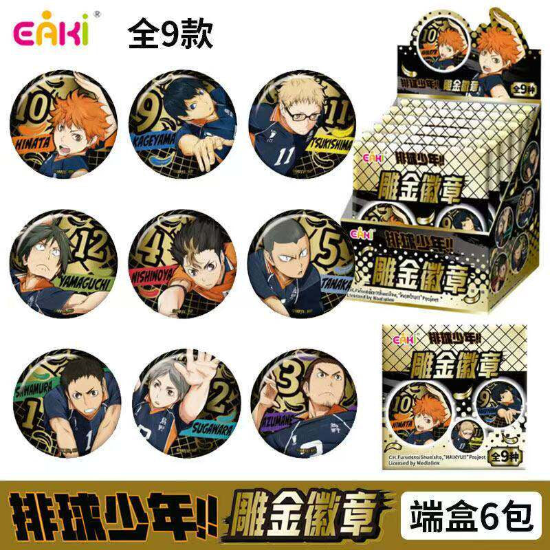 EAKI Haikyu badge lineup featuring nine Karasuno players and six-bag display packaging