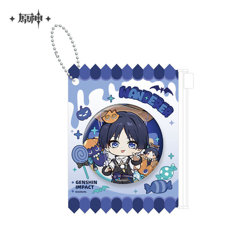 Genshin Impact Wanderer chibi badge with blue candy-themed protective sleeve and ball chain