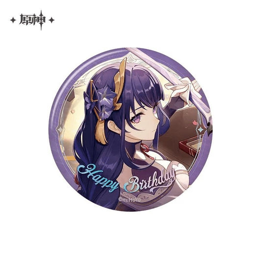 Genshin Impact Raiden Shogun 2025 birthday character badge with purple border and Happy Birthday lettering