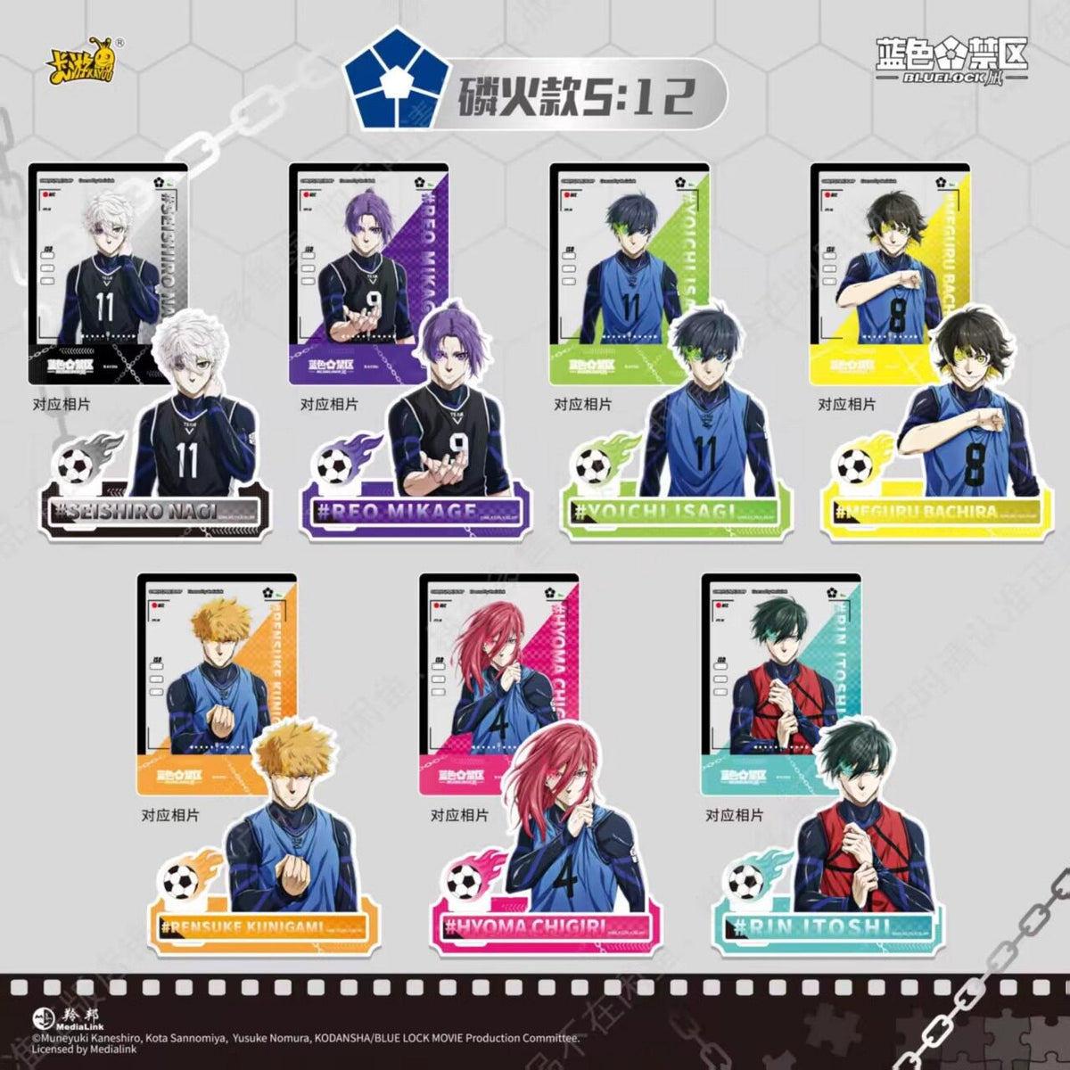 Blue Lock acrylic stand and photo card designs featuring Nagi, Reo, Isagi, Bachira, Kunigami, Chigiri and Rin