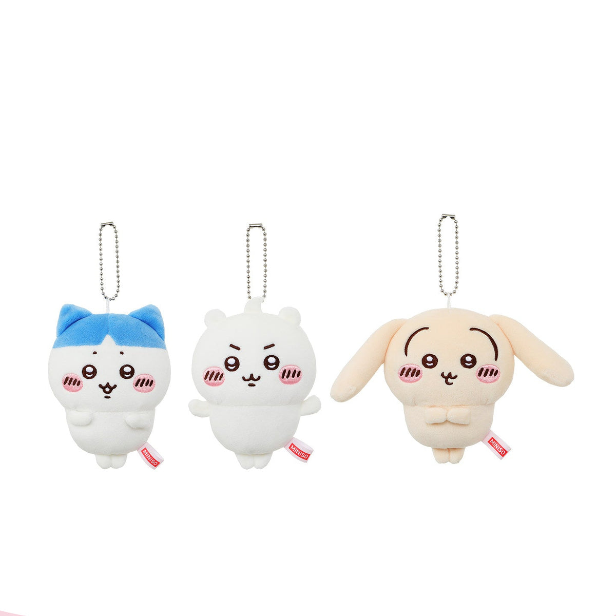 MINISO Chiikawa Fresh Hairstyle Series plush pendants featuring Hachiware, Usagi and Chiikawa