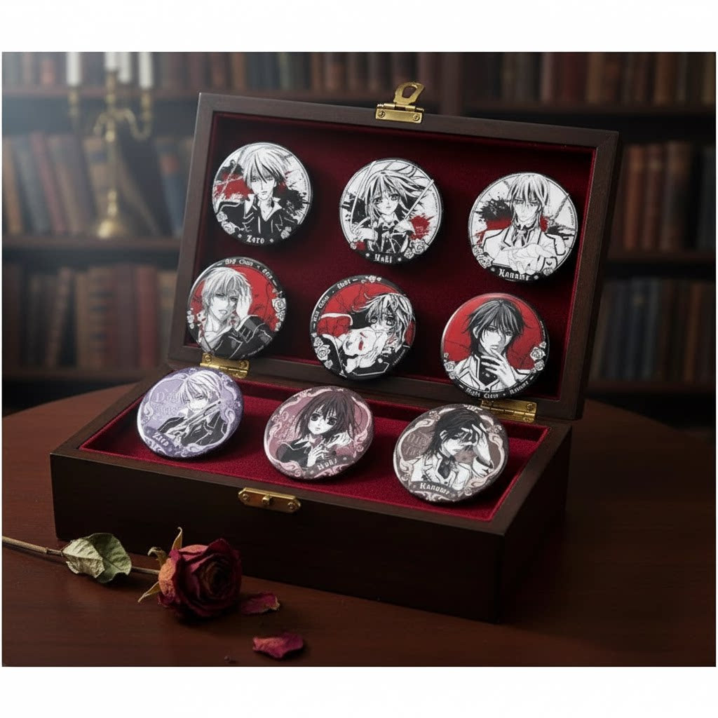 Vampire Knight Scarlet Contract badge collection shown in a decorative display case