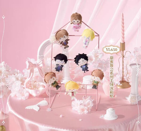 Ouran Sweet Dance Party YL650 plush magnet charms displayed on a pink frame, eight designs