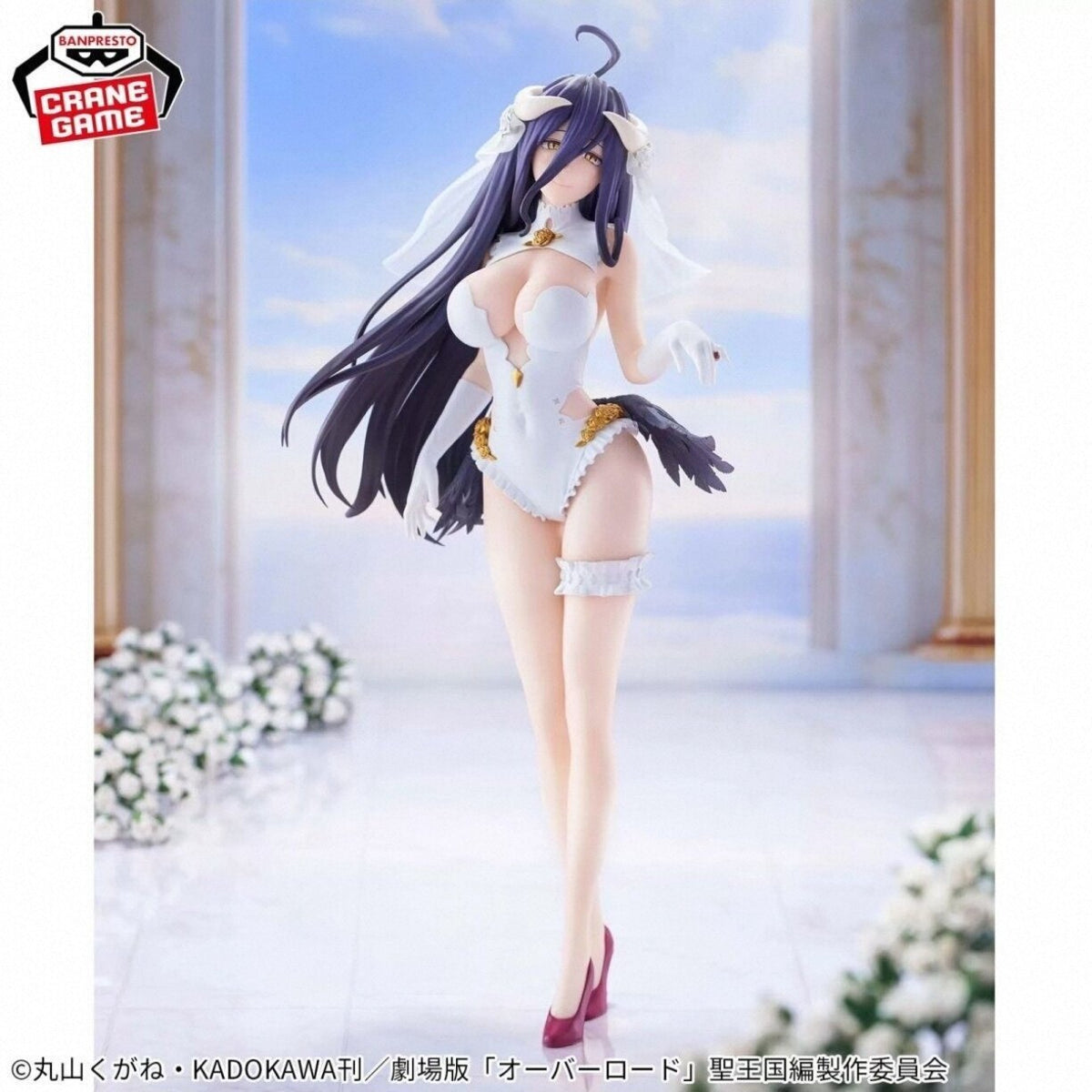Full view of Albedo Wedding Version figure with veil, long purple hair and burgundy heels