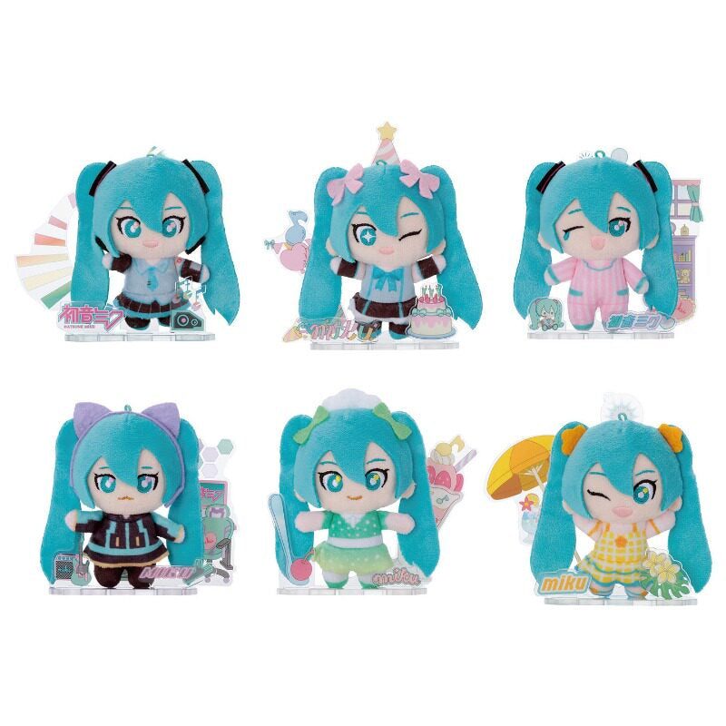 Six Hatsune Miku plush dolls with matching acrylic scene displays